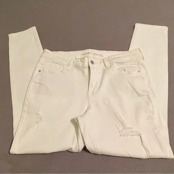 Old Navy Rockstar Mid-Rise White Distressed Skinny Jeans Size 12 - Picture 5 of 12